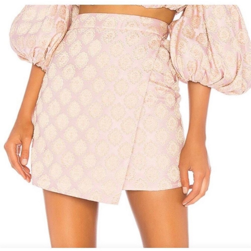 LPA REVOLVE Mini Skirt Pink Brocade Metallic Sheen Faux Wrap Lined Size Medium